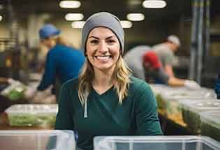 Woman with beanie smiling while working in kitchen