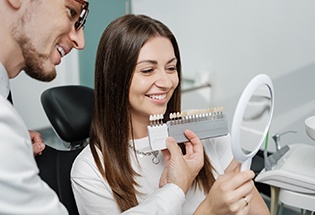 Dentist showing patient shades of veneers